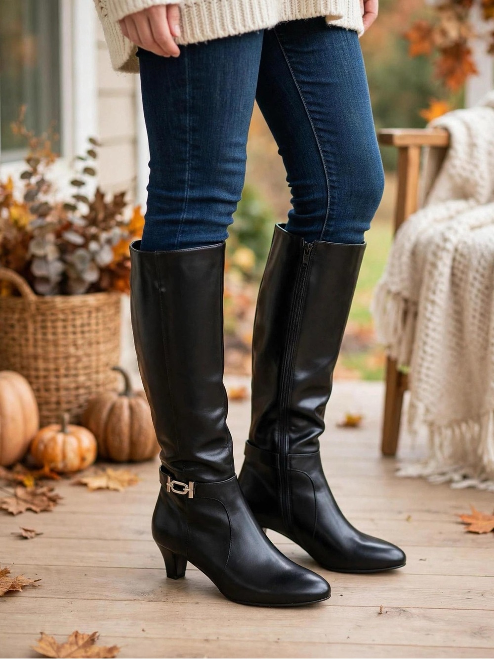 Bass Knee High Boots Womens 9.5M Black Almond Toe Low Heel Side Zip